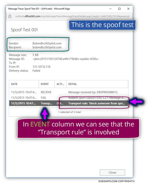 Using Exchange Online message trace to verify spoof rule -06
