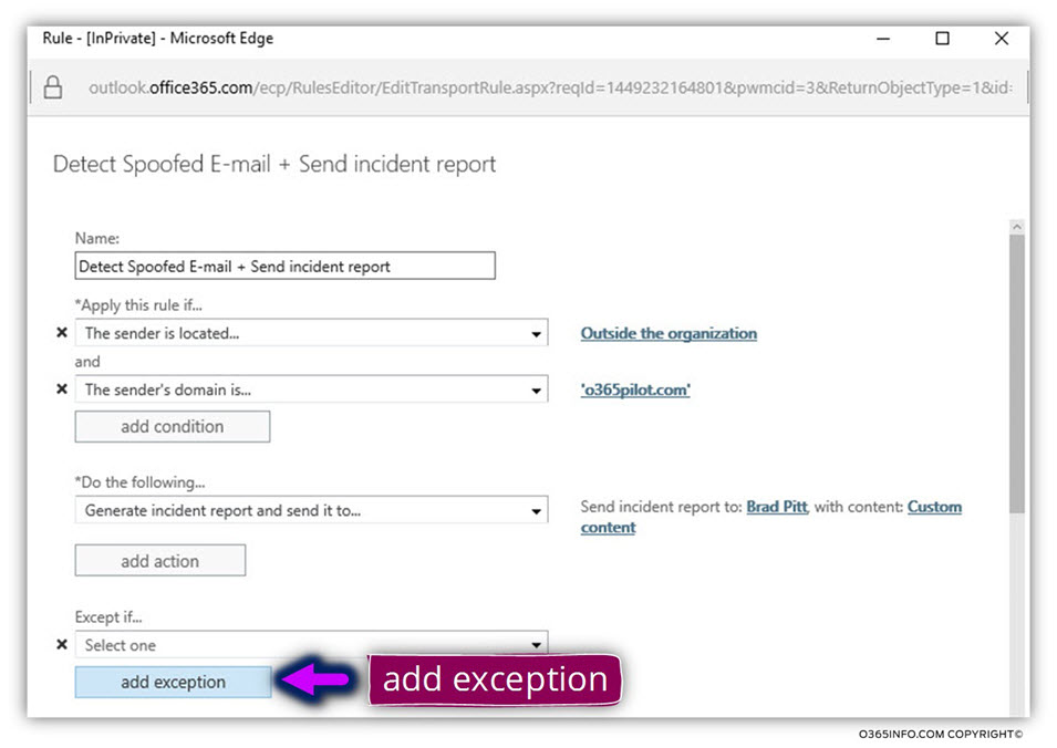 Configuring exceptions for the Exchange Online Spoof email rule -02