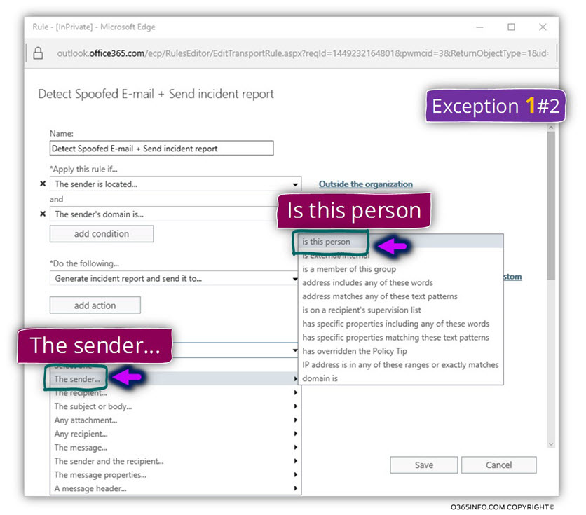 Configuring exceptions for the Exchange Online Spoof email rule -03