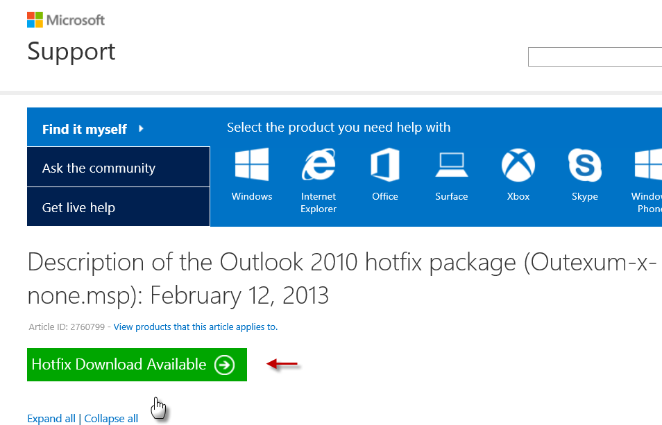 Download hotfix for Microsoft outlook 01
