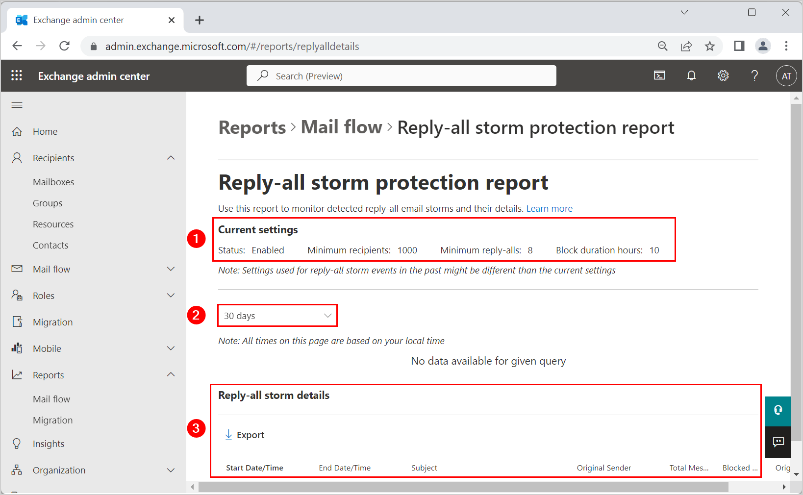 reply-all storm protection report exchange admin center