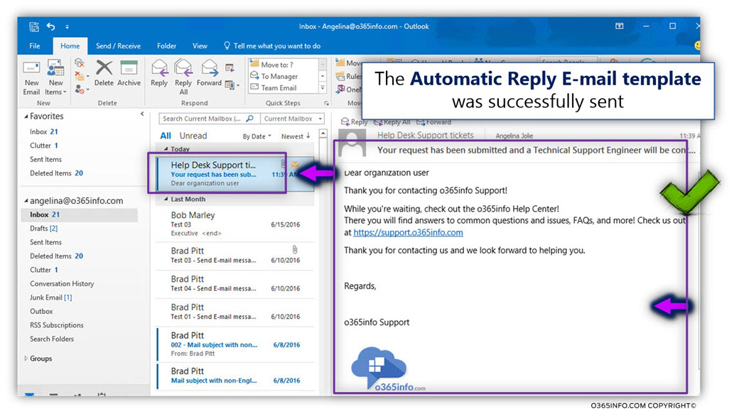 Verifying that the Automatic Reply by using Shared mailbox and inbox rule 