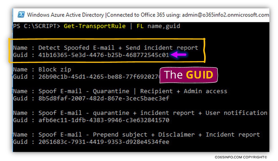 Get infrastructure about the specific Exchange Online rule GUID