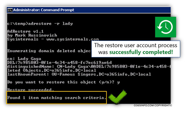 Using AdRestore for restoring Active Directory user account