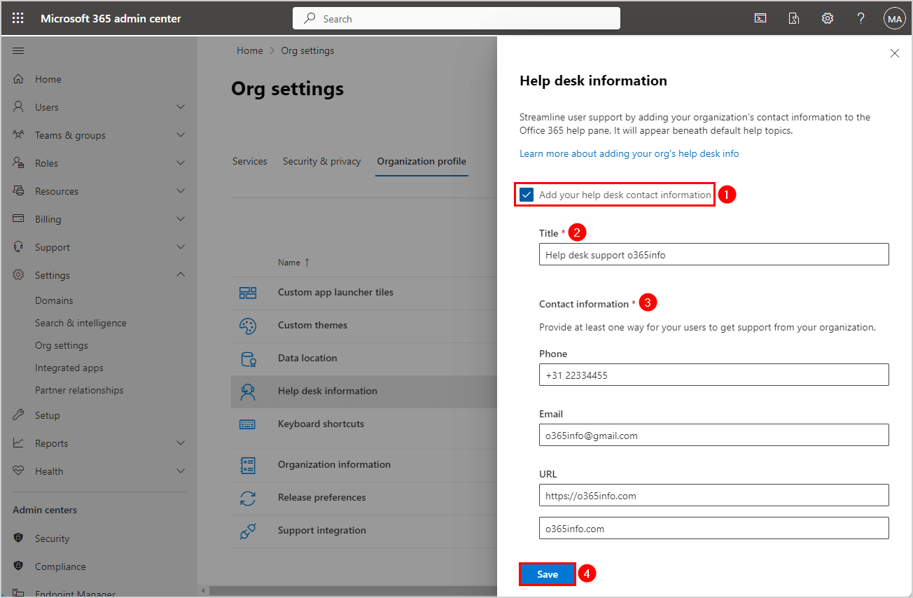 Help desk contact information in Microsoft 365 admin center