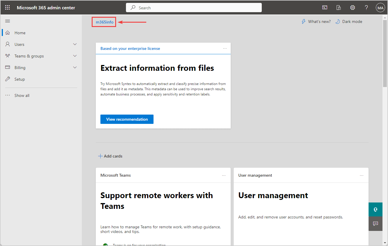 Microsoft 365 admin center link organization name