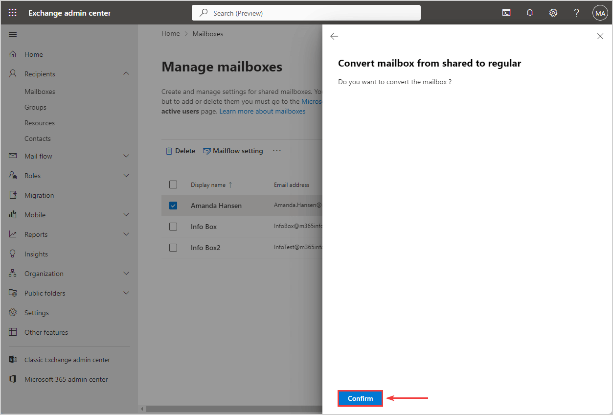 Convert mailbox from shared to regular in Exchange admin center