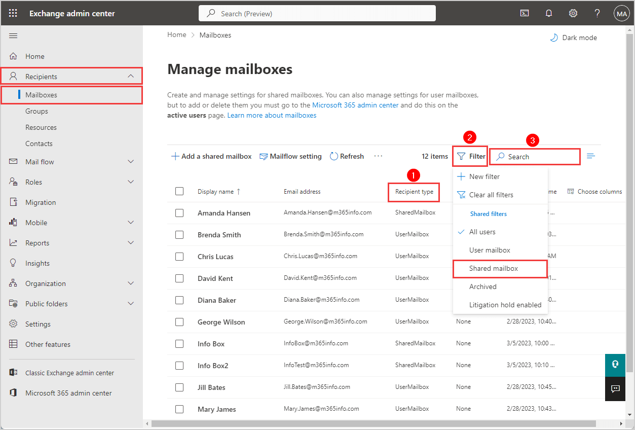 Find shared mailbox in Exchange admin center
