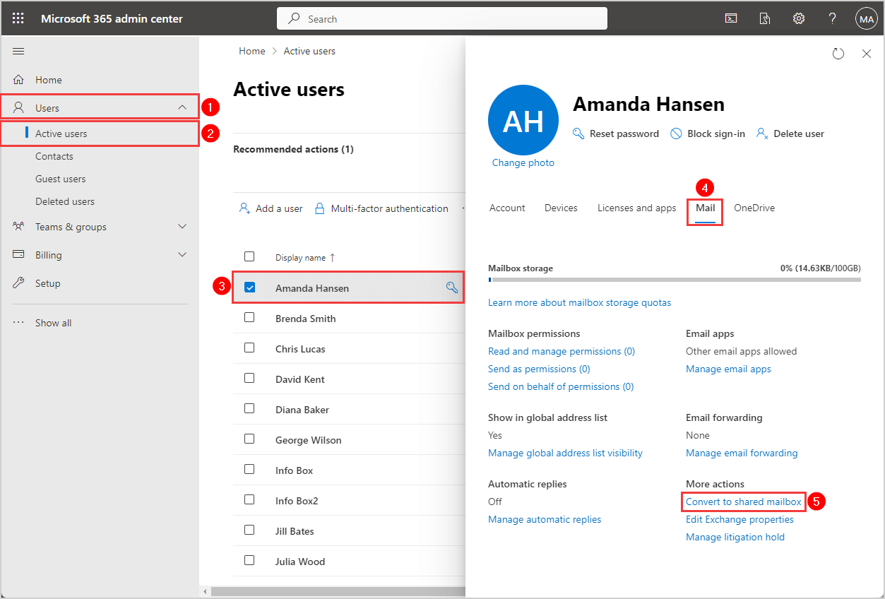 Convert user mailbox to shared mailbox in Microsoft 365 admin center