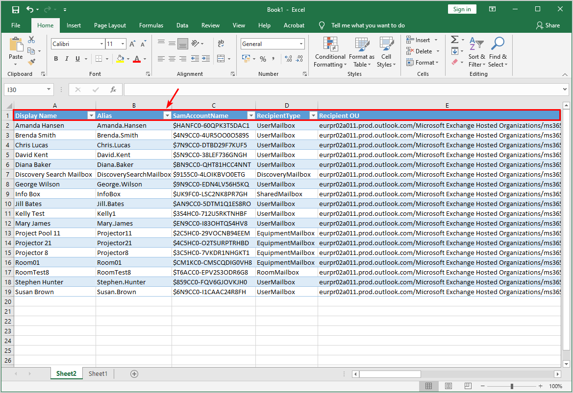 Export Microsoft 365 mailbox size report data in Excel