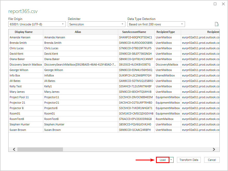 Export Microsoft 365 mailbox size report with Excel csv load