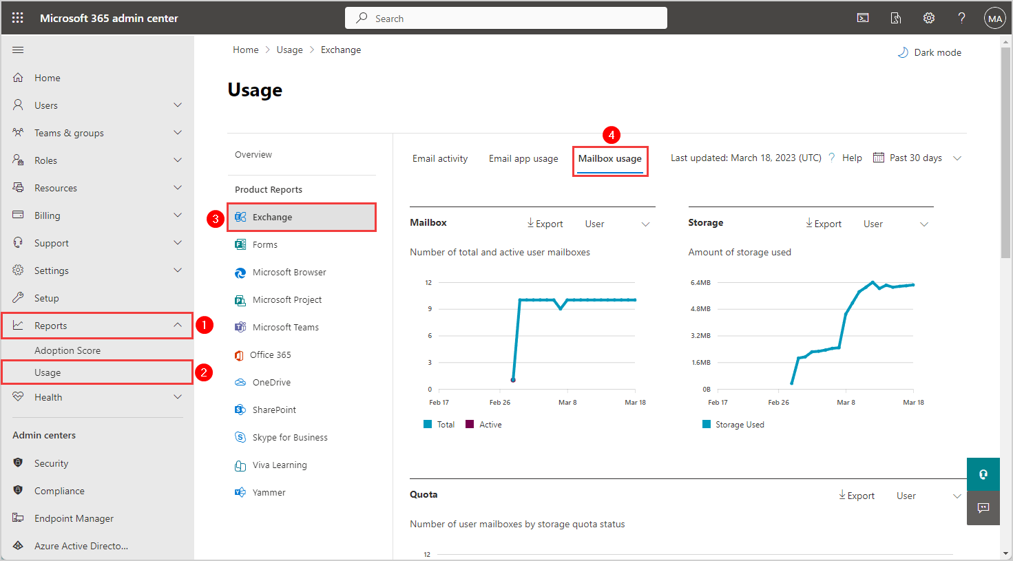 Export all users mailbox size report in Microsoft 365 admin center.