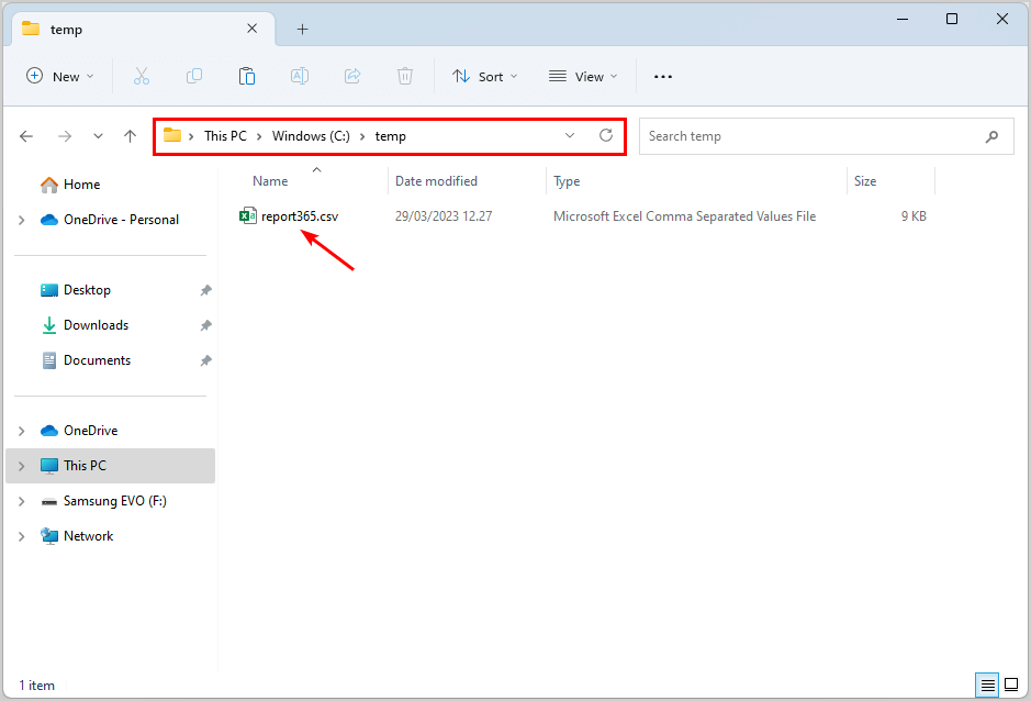 Export Microsoft 365 mailbox size report csv file in temp folder