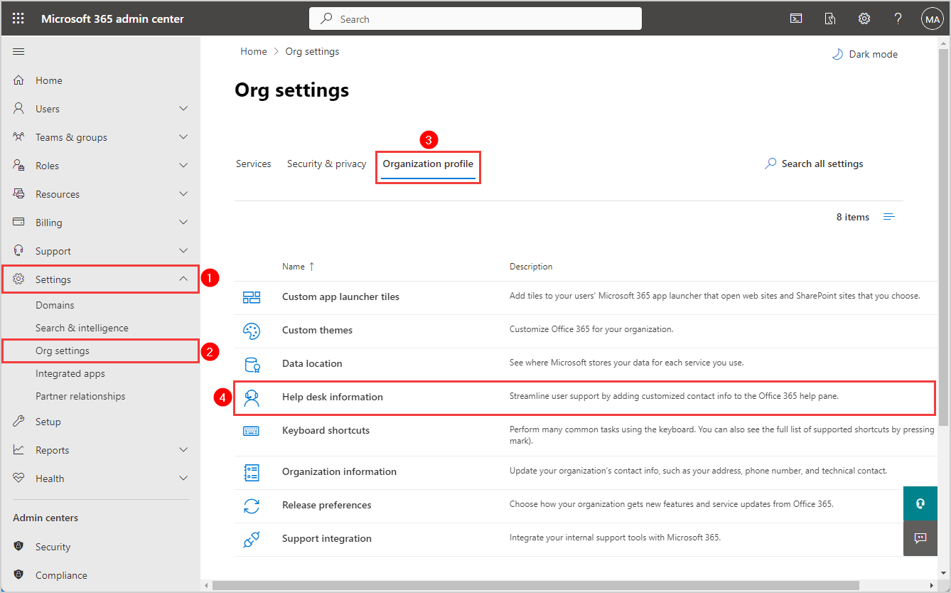 Help desk contact information in Microsoft 365 admin center