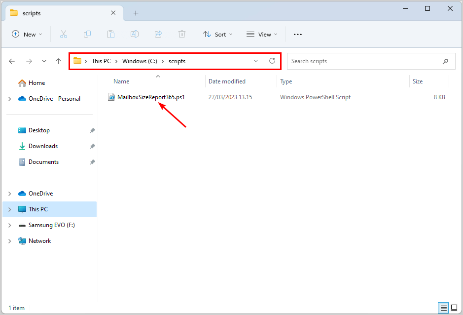 MailboxSizeReport script folder in C: drive