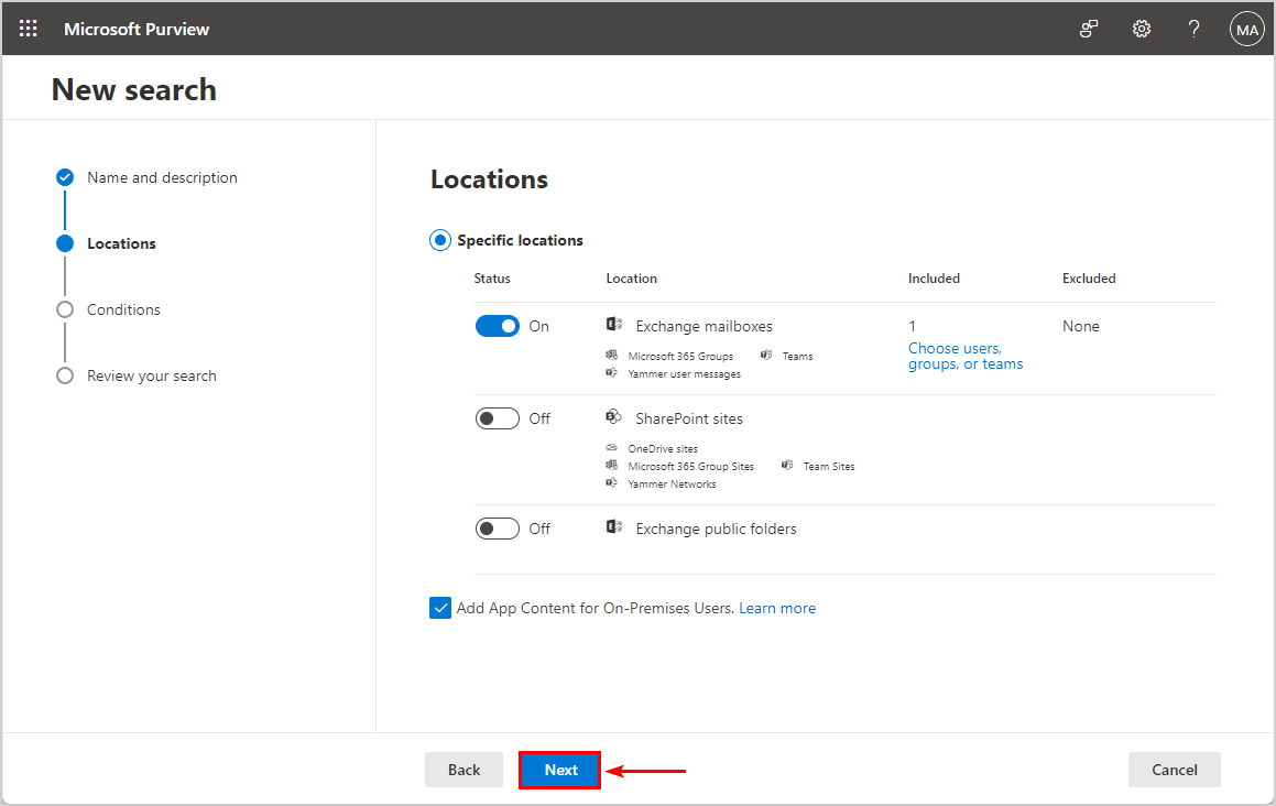 Select exchange mailbox in new content search Microsoft Purview