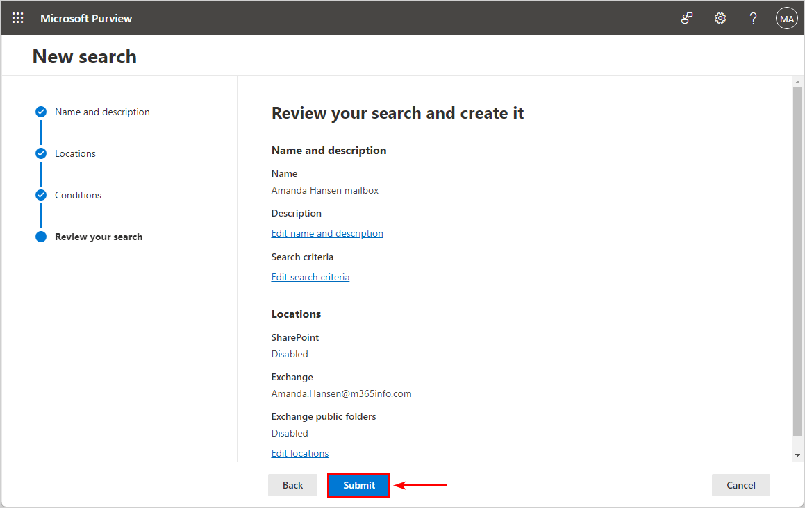 Submit content search Microsoft Purview