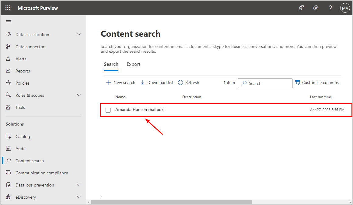 Export Microsoft 365 mailbox to PST content search created