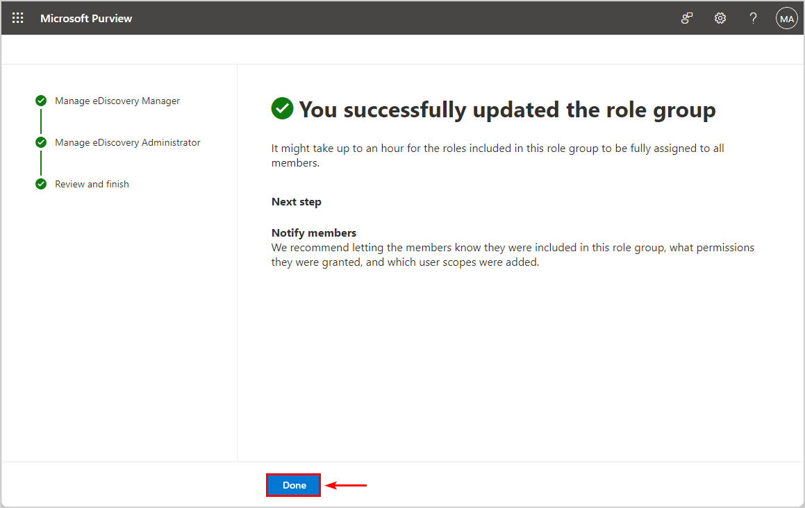 Ssuccessfully updated the role group in Microsoft Purview