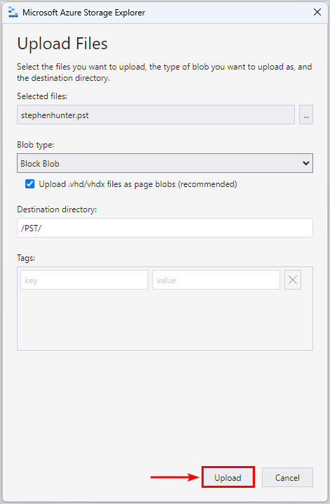 Upload files to Microsoft Azure Storage Explorer