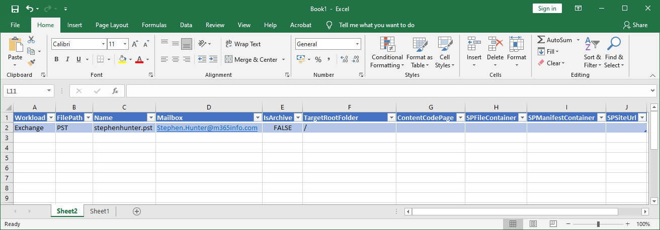 Import CSV data PSTImportmapFile into Excel