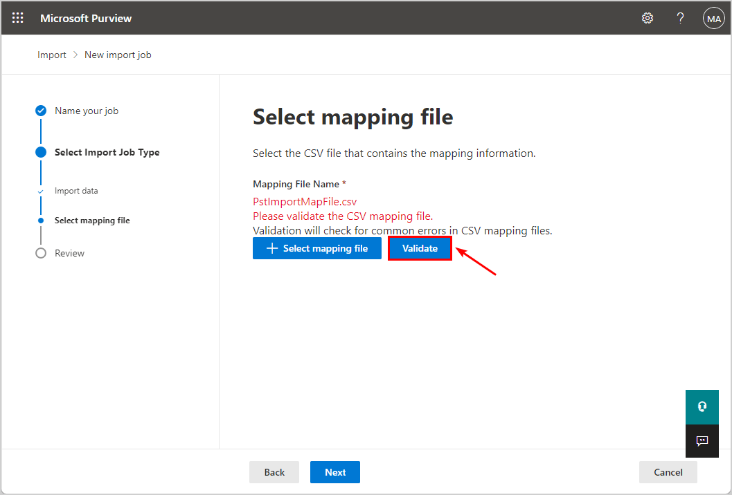 Select mapping file and validate the CSV file