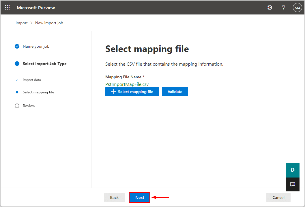 Valid CSV mapping file selceted
