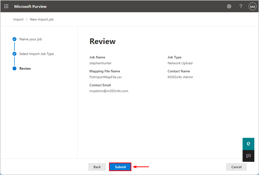 Review PST import job and submit