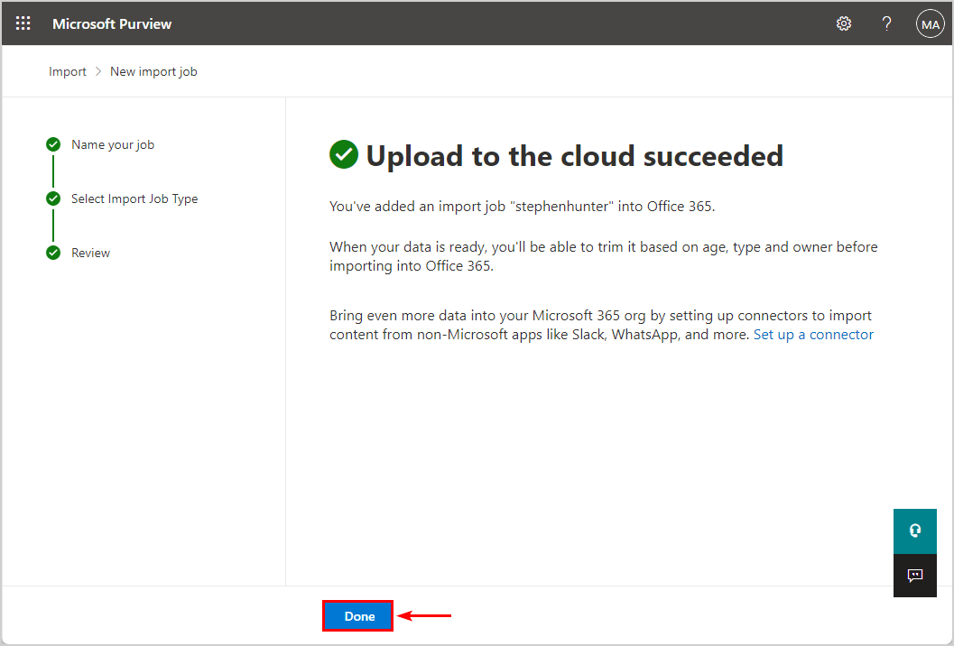 Upload import job to the cloud succeeded