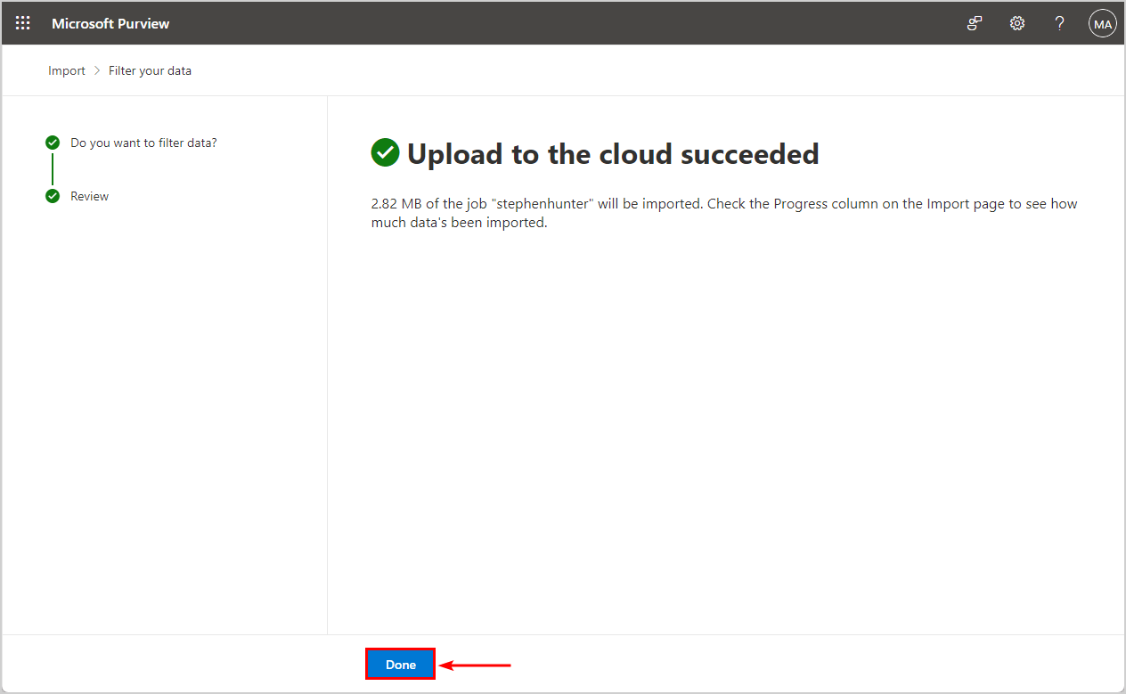 Upload of the job to the cloud succeeded