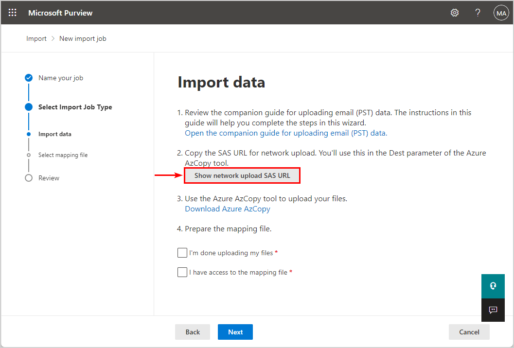 Import data PST file into Microsoft 365 SAS URL