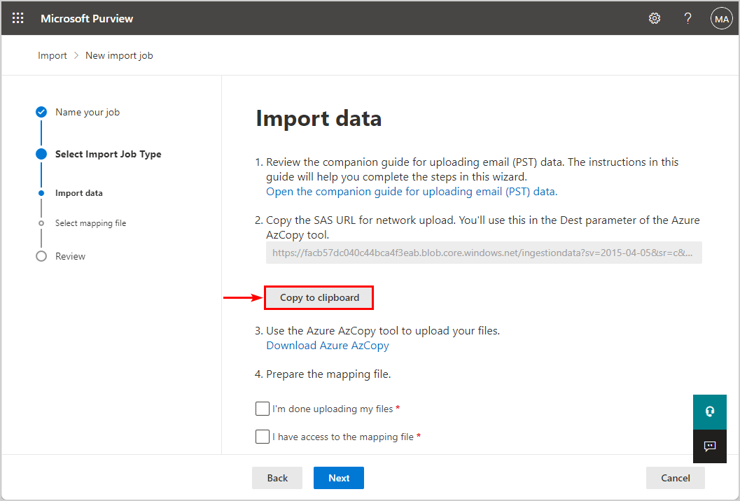 Import PST data into Microsoft 365 Copy SAS URL