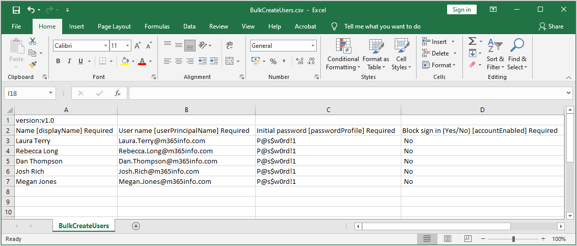 Bulk Create Users CSV file in Microsoft Excel.