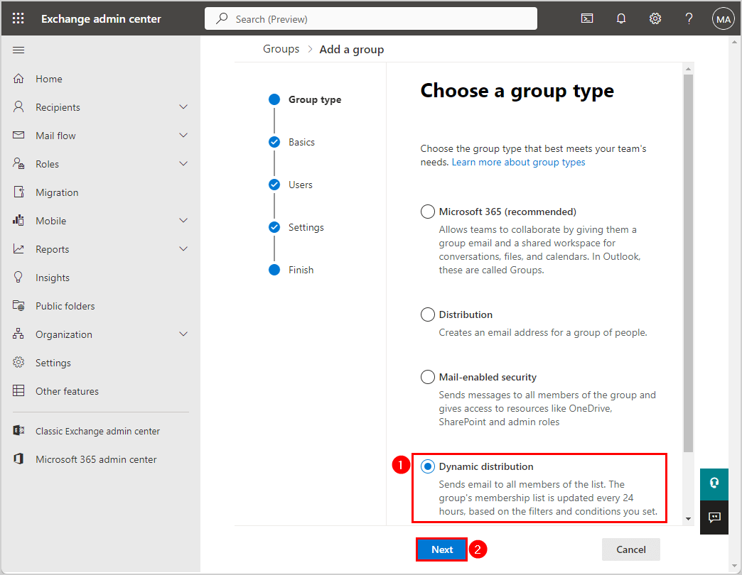 Create a dynamic distribution group in Exchange admin center