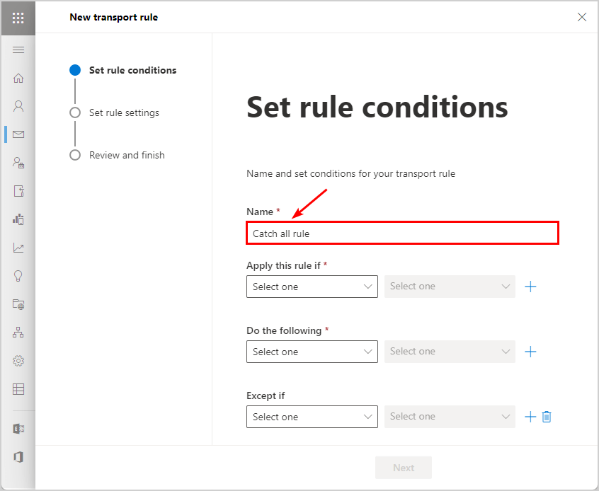 Catch all transport rule Exchange admin center