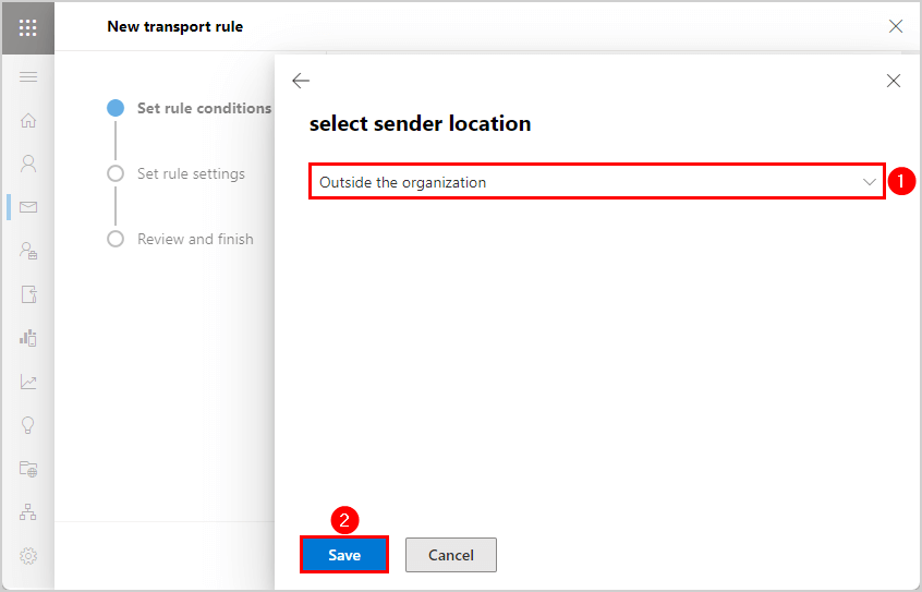 Select sender location outside the organization