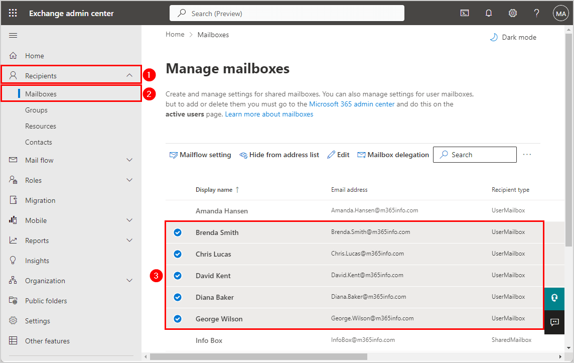 Enable or disable Exchange ActiveSync mailboxes in bulk Exchange admin center