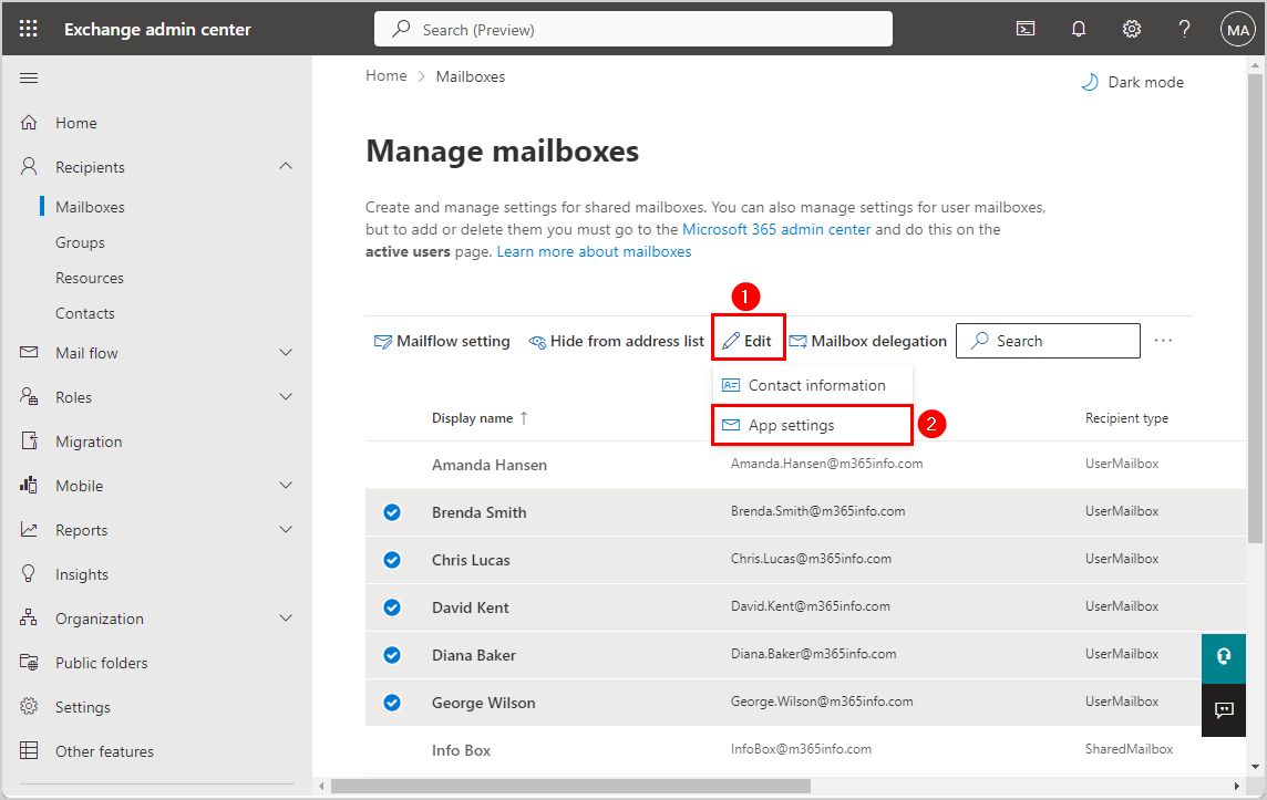 Enable or disable Exchange ActiveSync mailboxes in bulk Exchange admin center