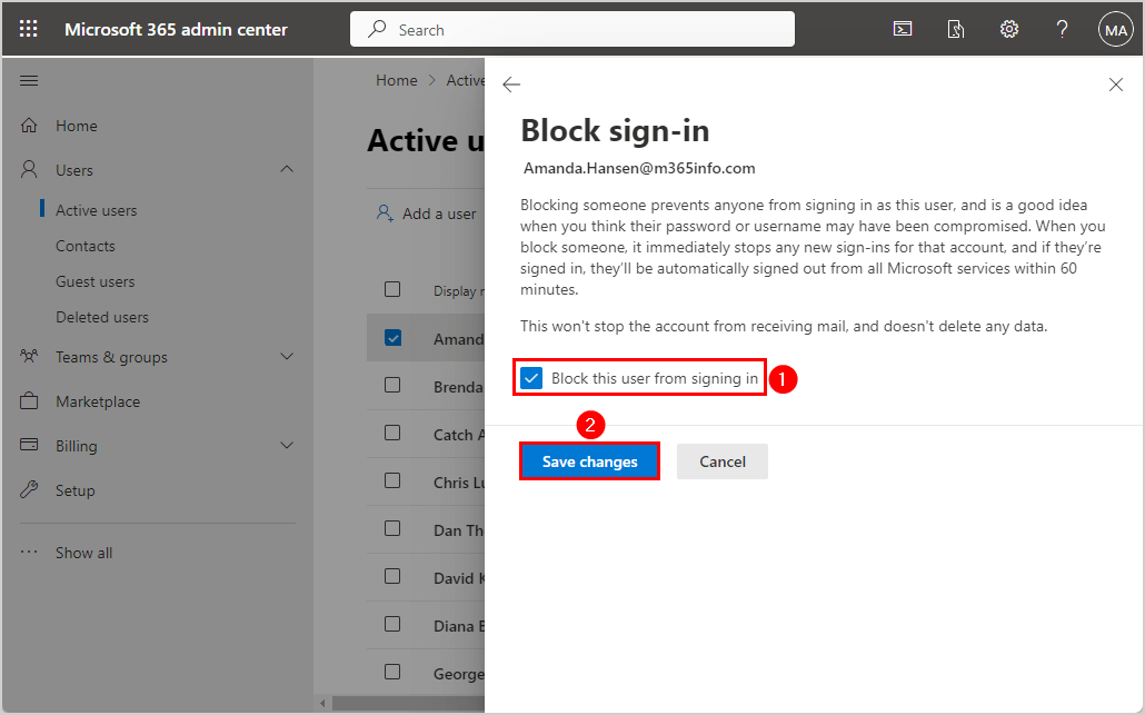 Block sign-in Microsoft 365 user account