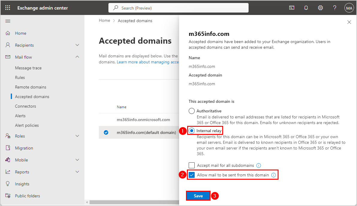 Internal Relay and Allow mail to be sent from this domain