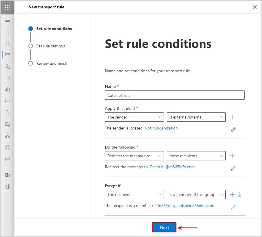 Set mail flow transport rule conditions