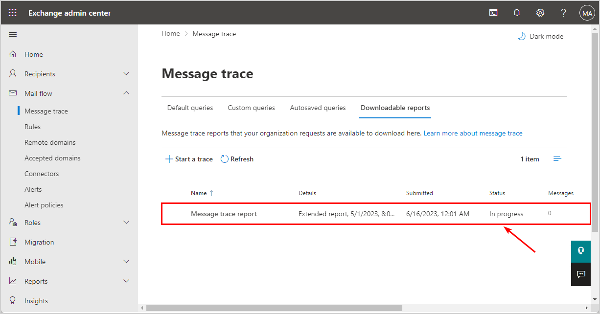 Message trace report in EAC status In Progress
