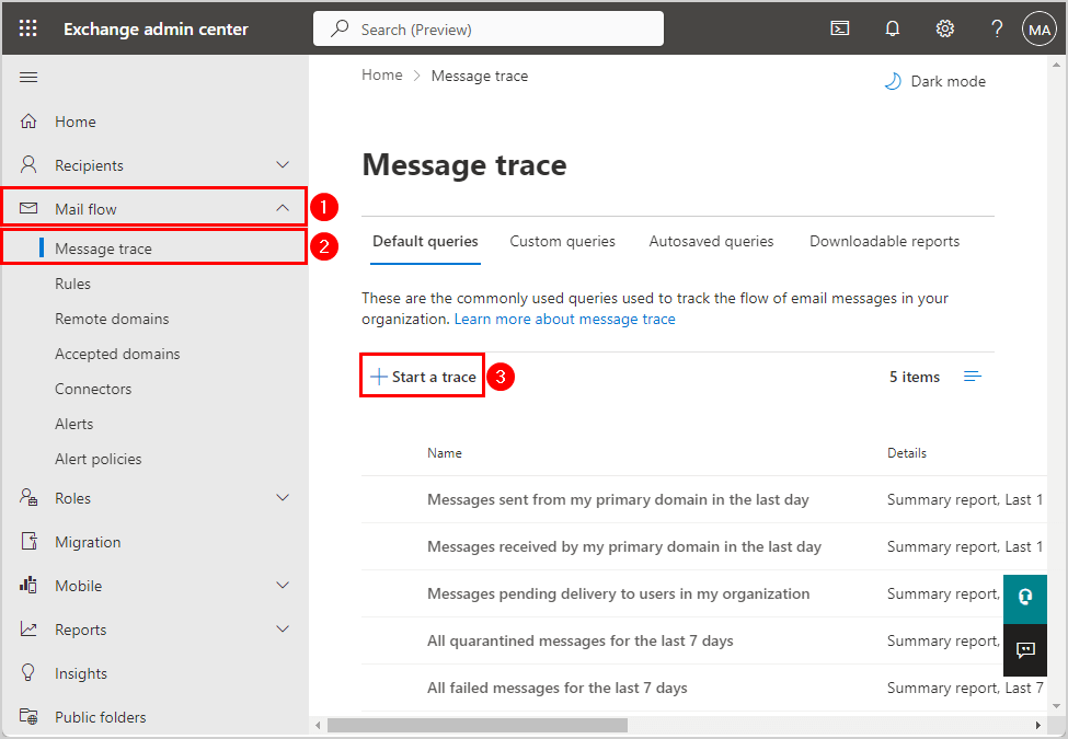 Start message trace report in EAC