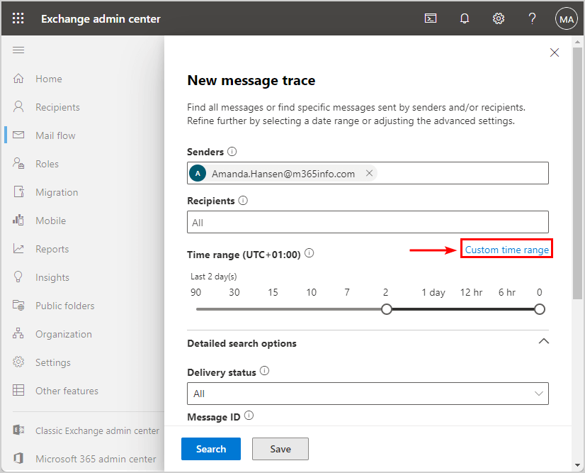 Custom time range for message trace report in EAC