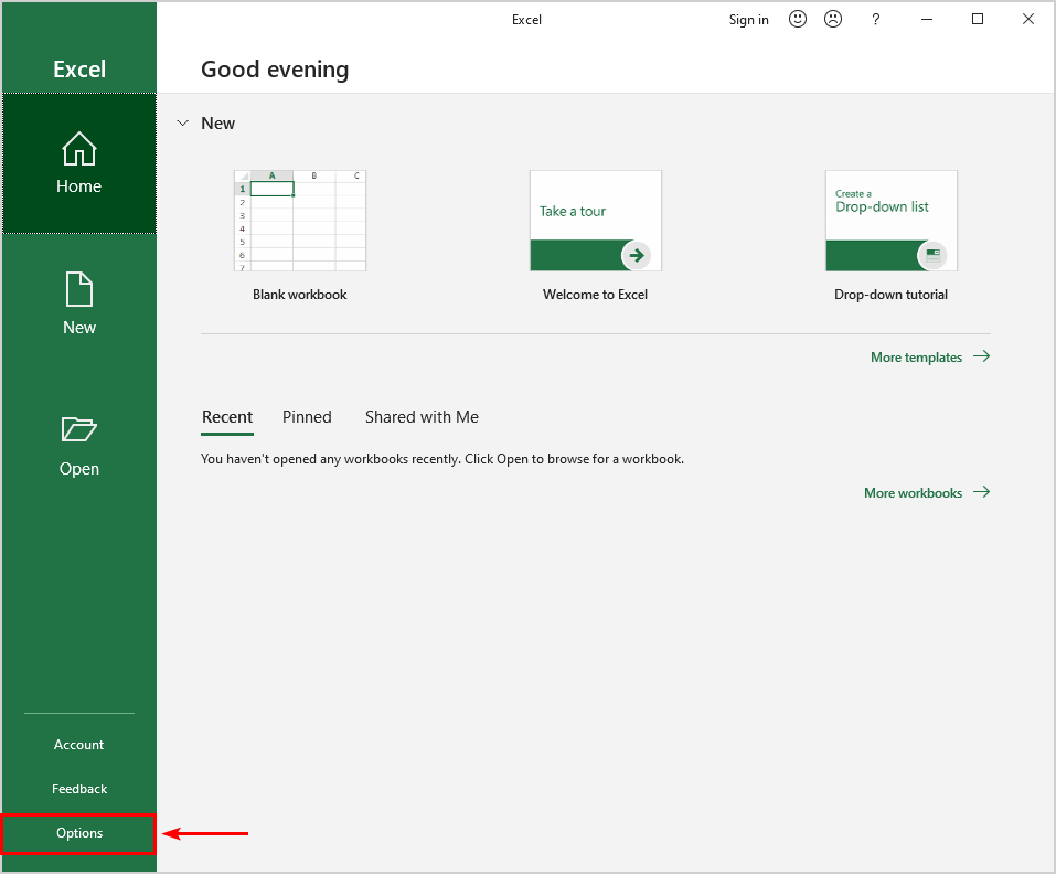 Edit Microsoft Excel options