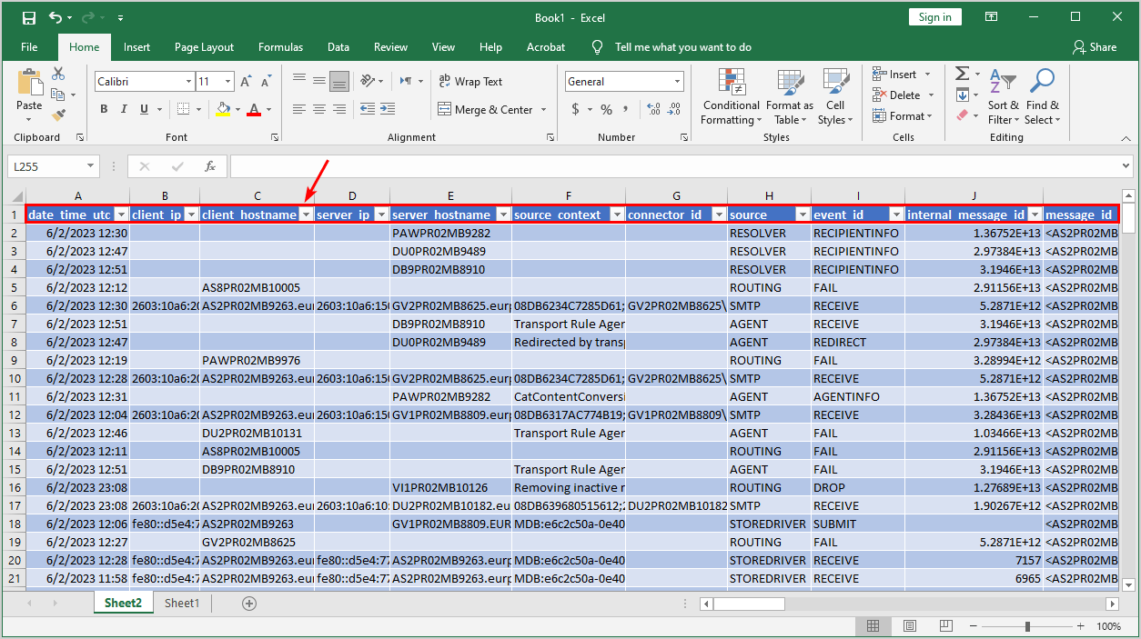 Message trace report in Excel