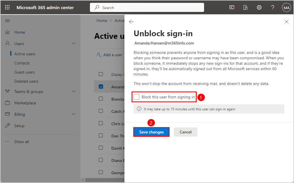 Unblock sign-in Microsoft 365 user account