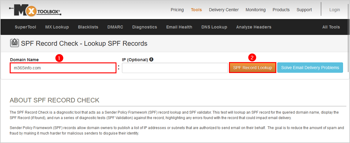 SPF Record Check with MxToolBox