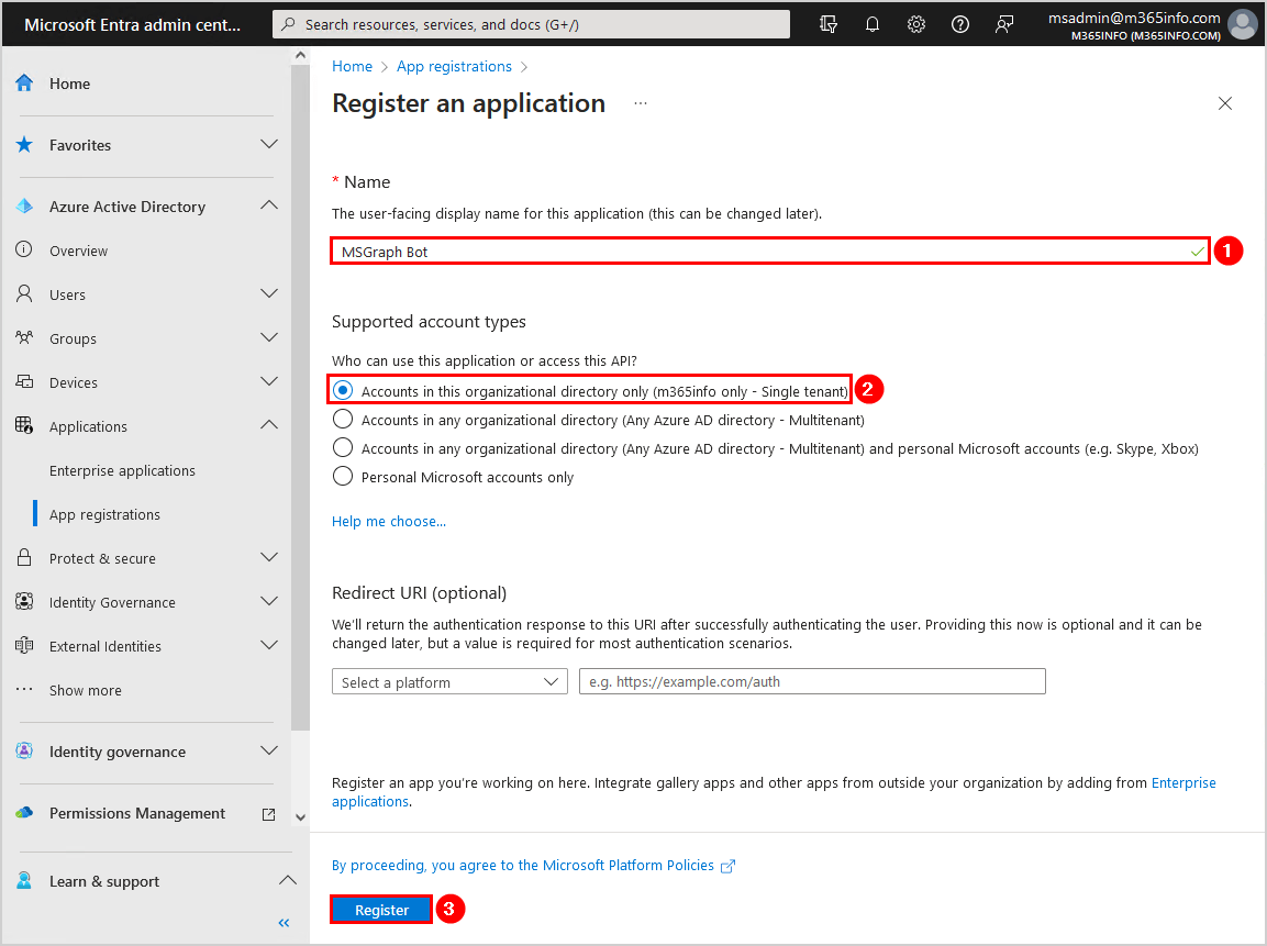 Register application in Microsoft