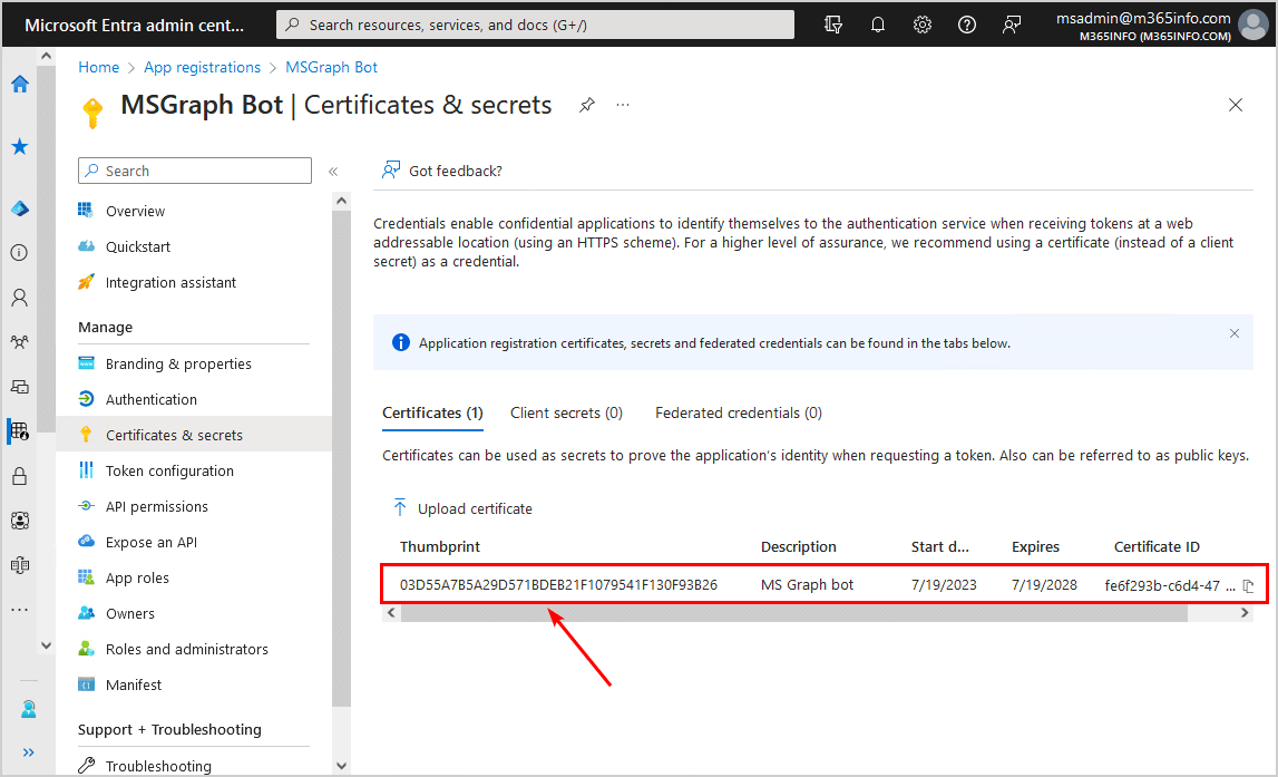 Connect to Microsoft Graph PowerShell Certificate thumbprint value